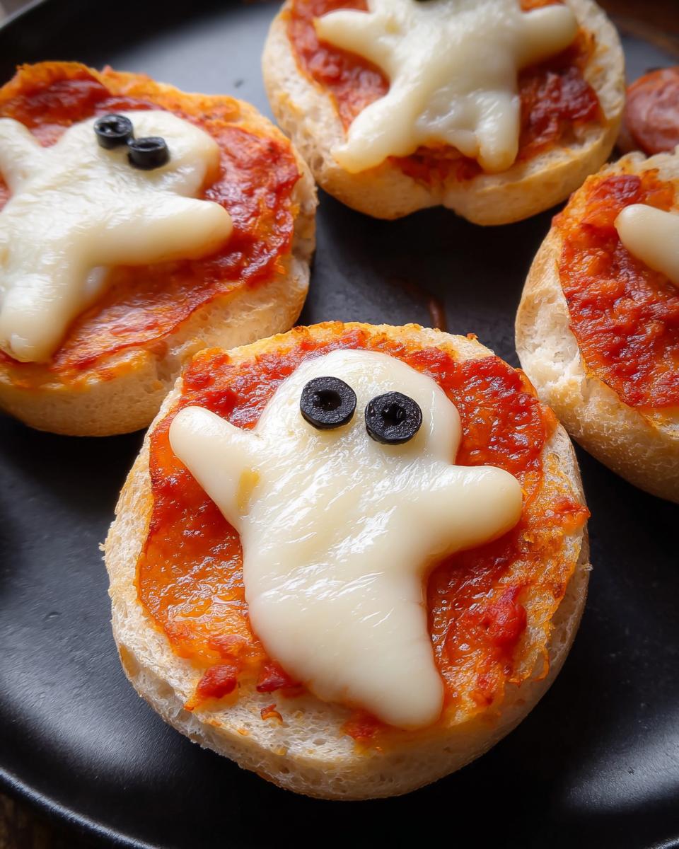 Close-up of ghost-shaped pizza bagels topped with cheese and sauce.