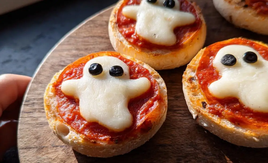 Close-up of ghost-shaped pizza bagels with cheese and tomato sauce.