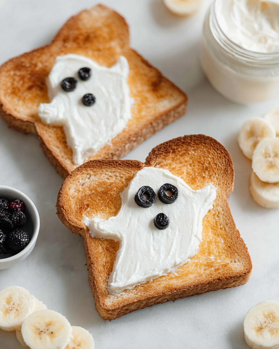 Two slices of toast decorated as ghosts with cream cheese and fruit faces.