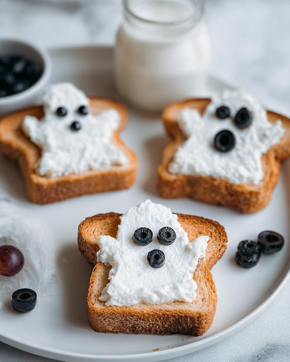 Three ghost-shaped toast slices topped with cream cheese and fruit faces.