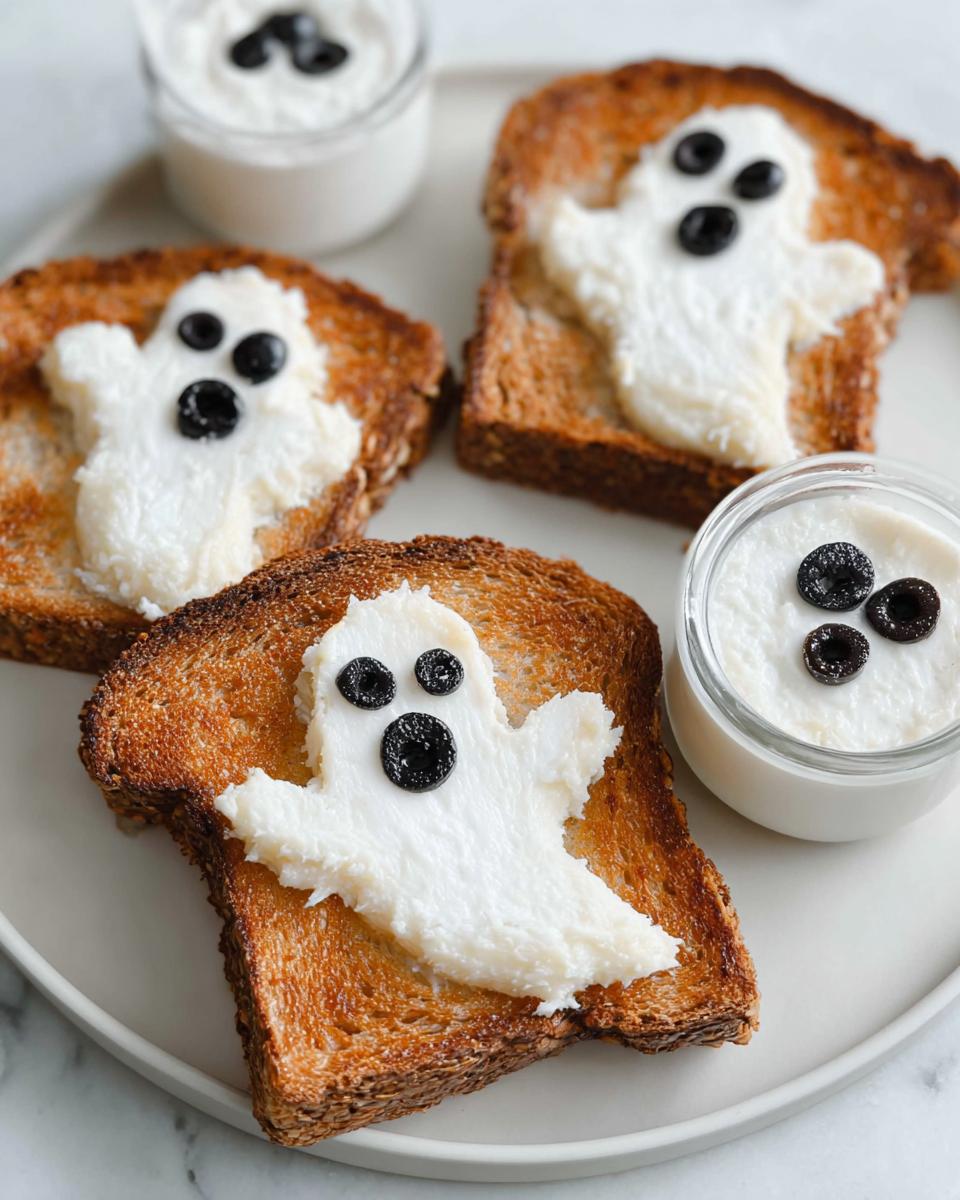 Three slices of ghost toast topped with cream cheese and fruit faces.