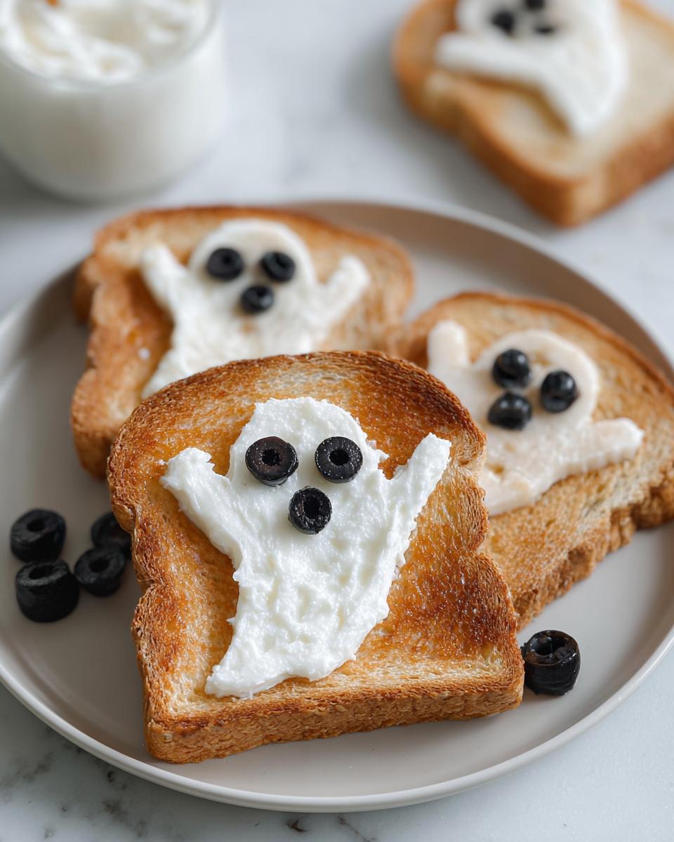 Three slices of ghost toast with cream cheese and blueberry faces.