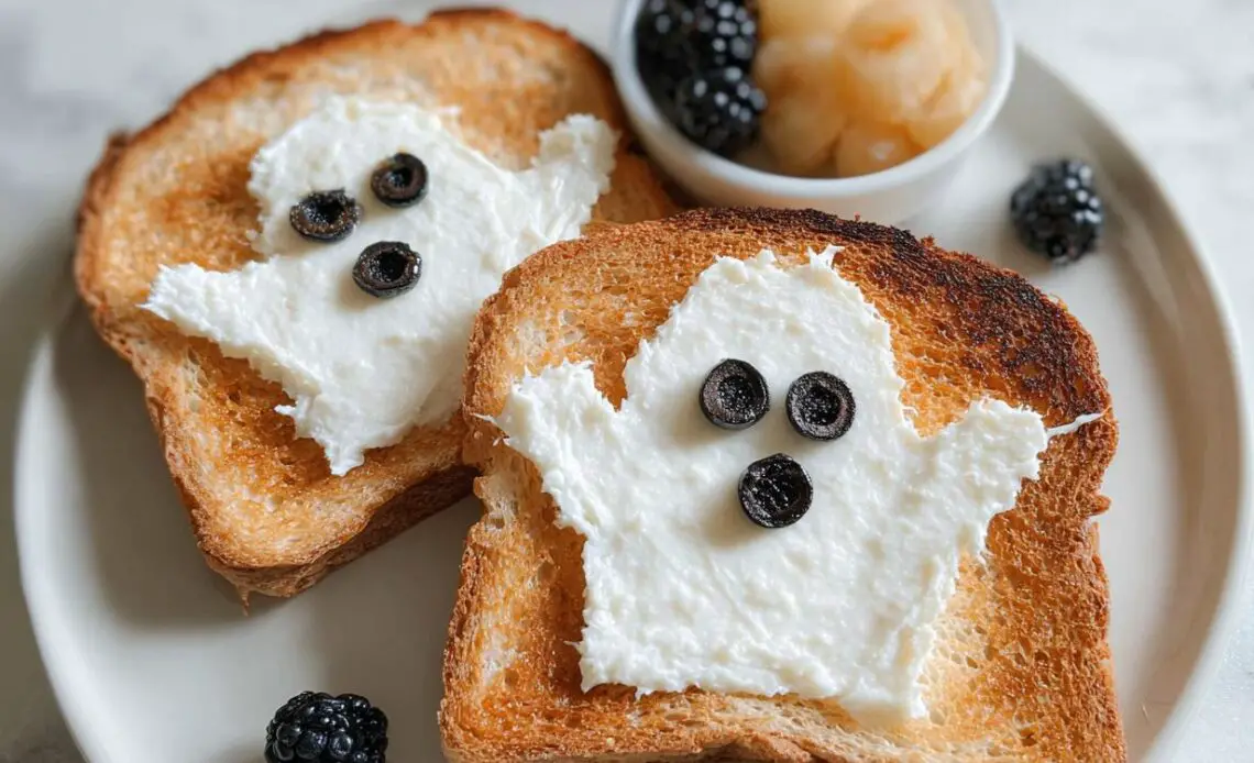Two slices of toast with cream cheese shaped like ghosts, decorated with fruit.