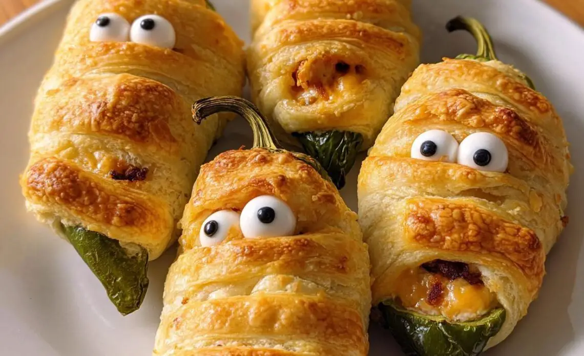 Four gluten-free mummy dogs wrapped in puff pastry with eyes.