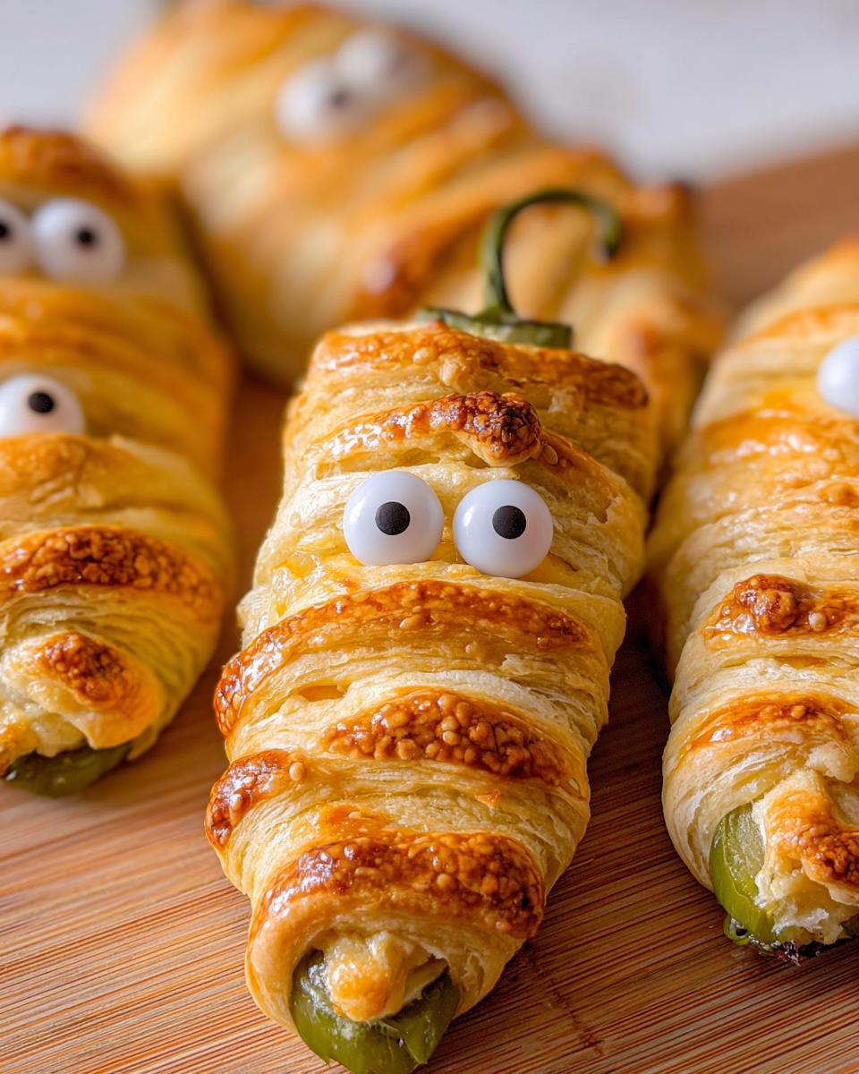 Gluten-free mummy dogs wrapped in puff pastry with candy eyes.