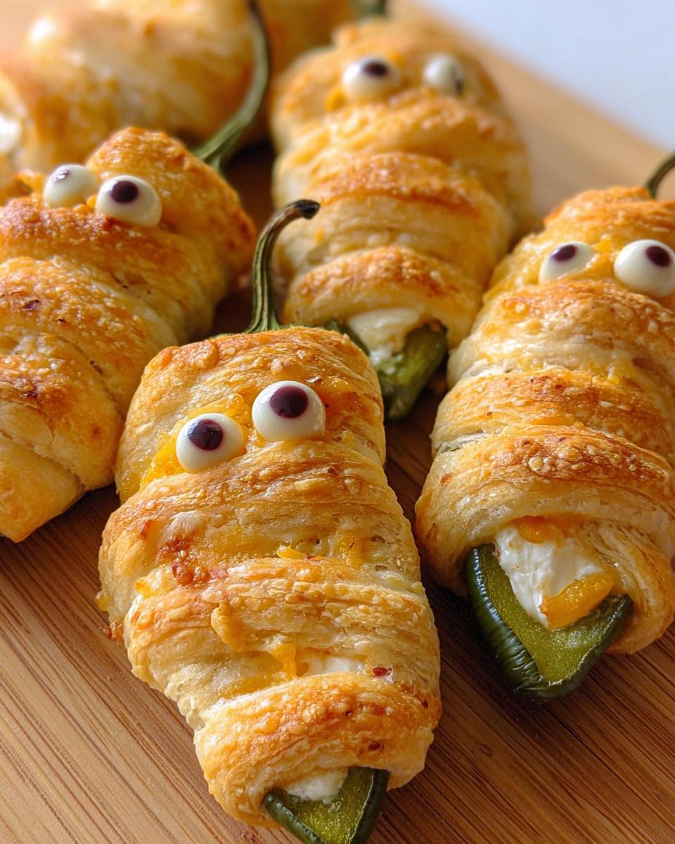 Gluten-free mummy dogs made with puff pastry, jalapeños, and eyes.