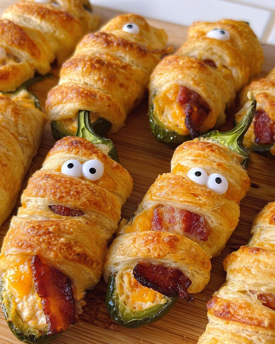 Gluten-free mummy dogs made with puff pastry, featuring eyes and cheese.