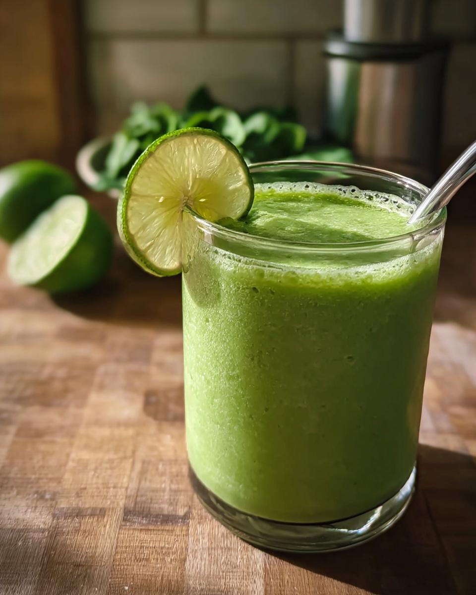 Glass of Green Frankenstein Smoothie garnished with lime, spinach in background.