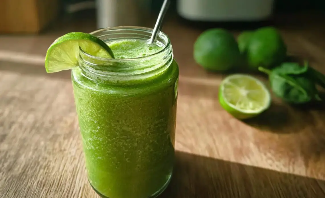 A vibrant green smoothie in a jar, garnished with a lime slice.
