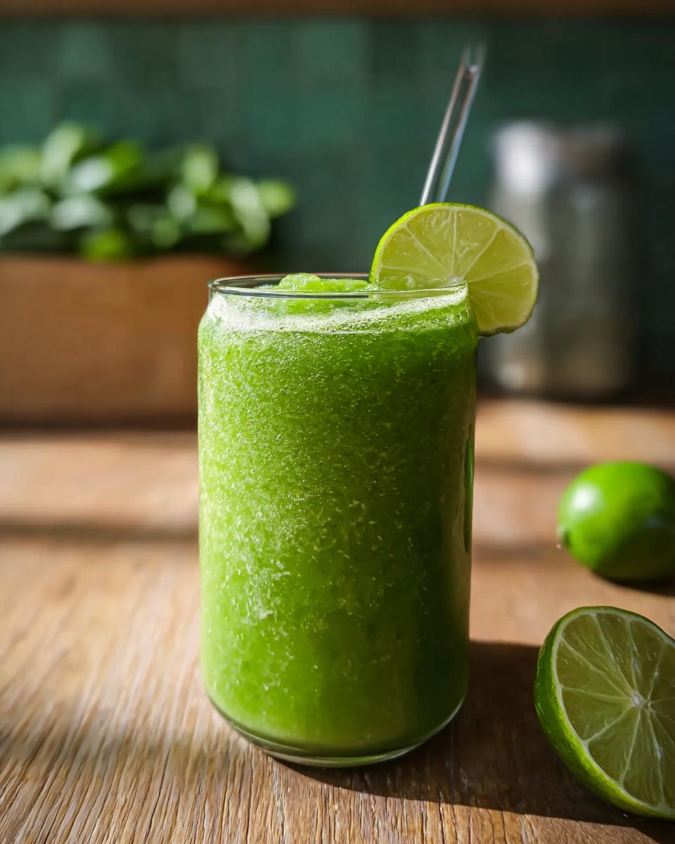 A vibrant green smoothie in a glass, garnished with a lime slice.