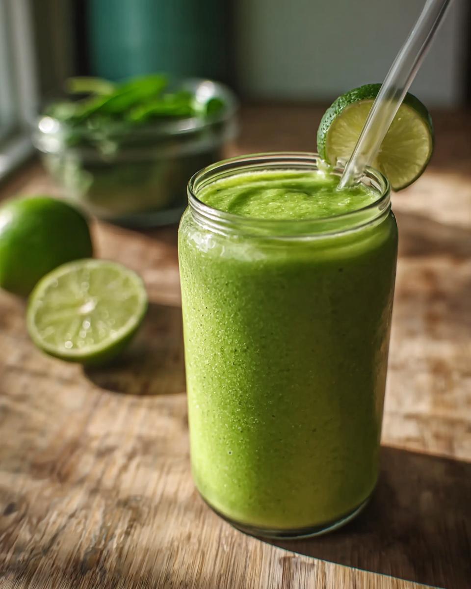 A vibrant green smoothie in a jar with a lime slice and straw, surrounded by fresh ingredients.