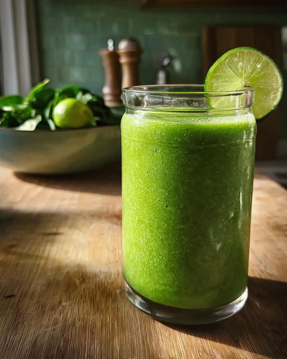 A vibrant green smoothie in a glass, garnished with a lime slice.