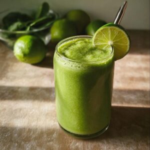 A glass of Green Frankenstein smoothie garnished with a lime slice.