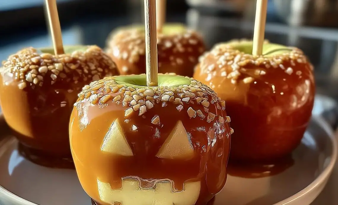 Four homemade caramel apples decorated with Halloween faces and nuts.