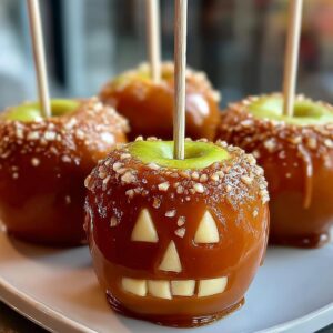 Close-up of homemade caramel apples with Halloween faces.