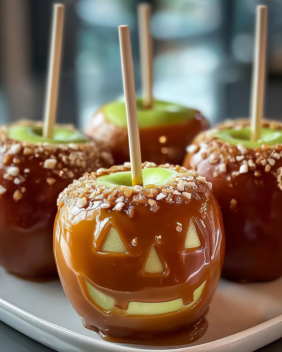 Festively decorated homemade caramel apples with Halloween faces.