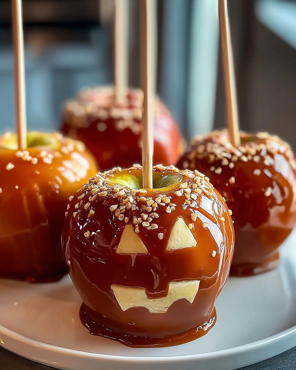 Four homemade caramel apples decorated for Halloween with faces.