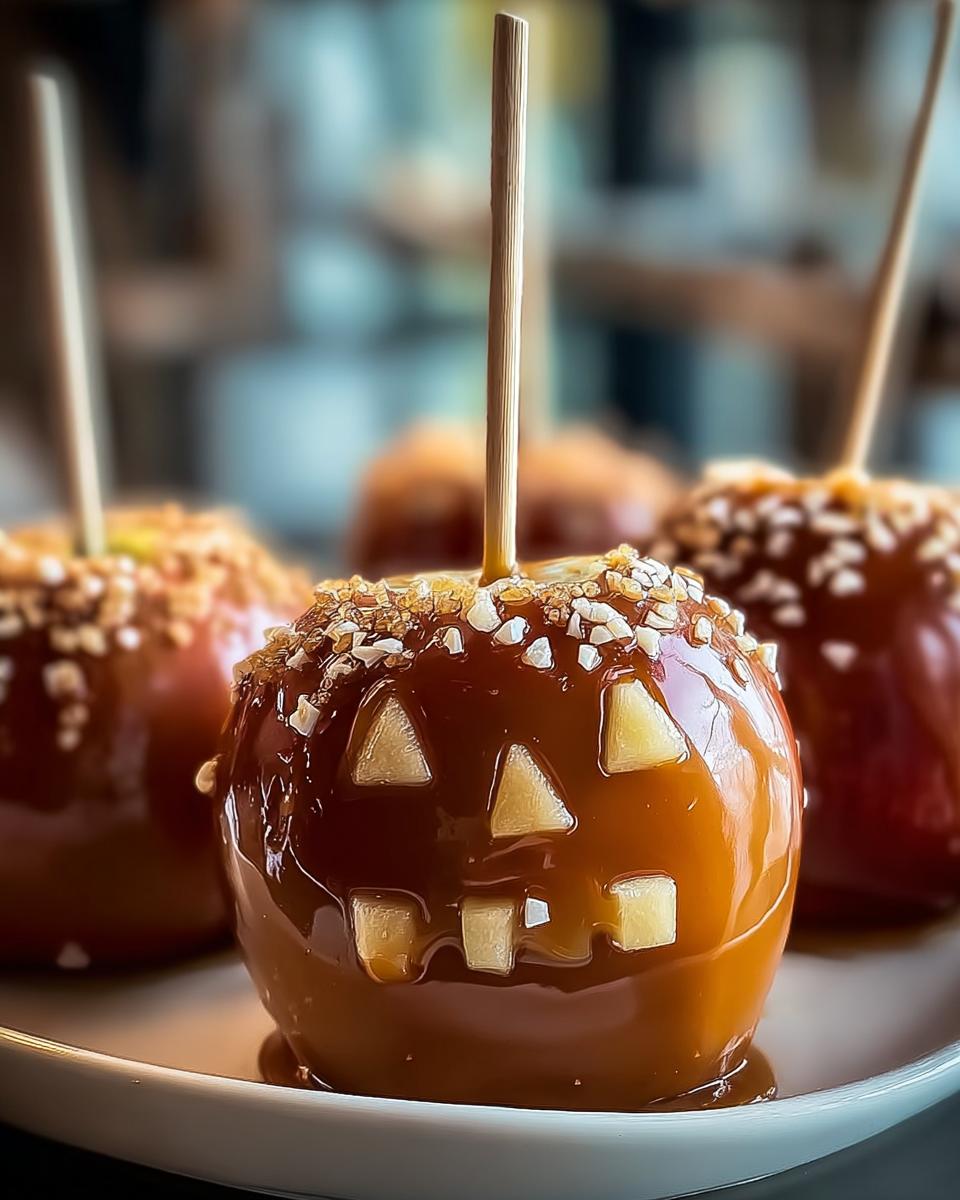 Close-up of homemade caramel apples decorated with Halloween faces.