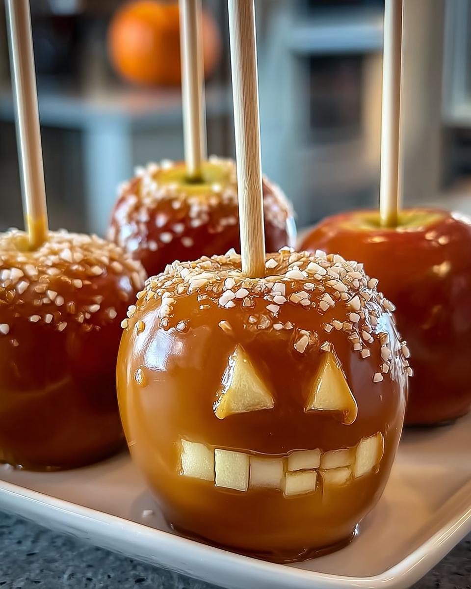 Close-up of homemade caramel apples decorated with Halloween faces.