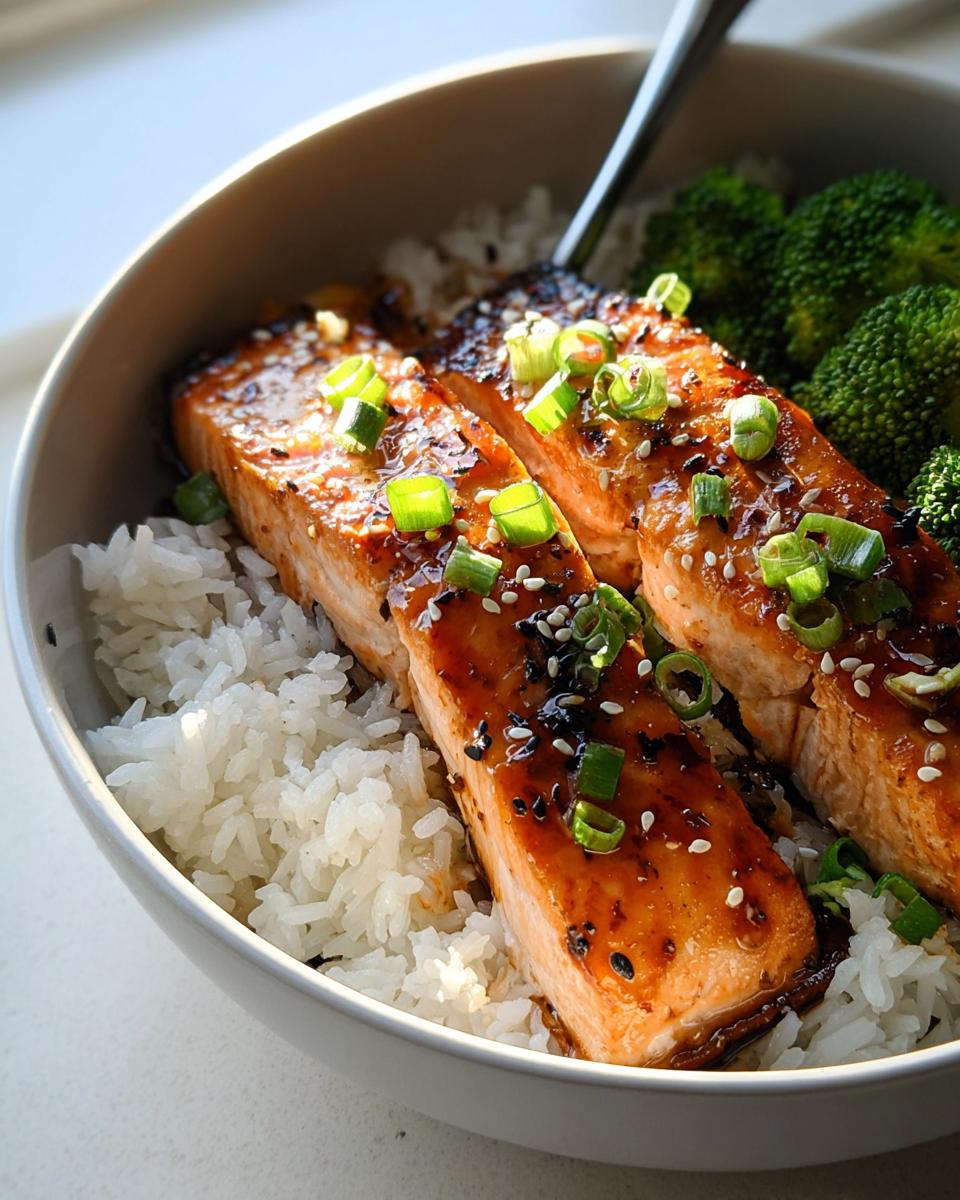Bowl of honey-garlic salmon fillets served over rice with broccoli.