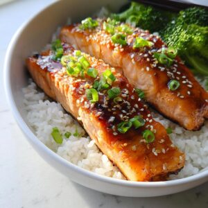 Delicious honey-garlic salmon fillets served over rice with green onions.