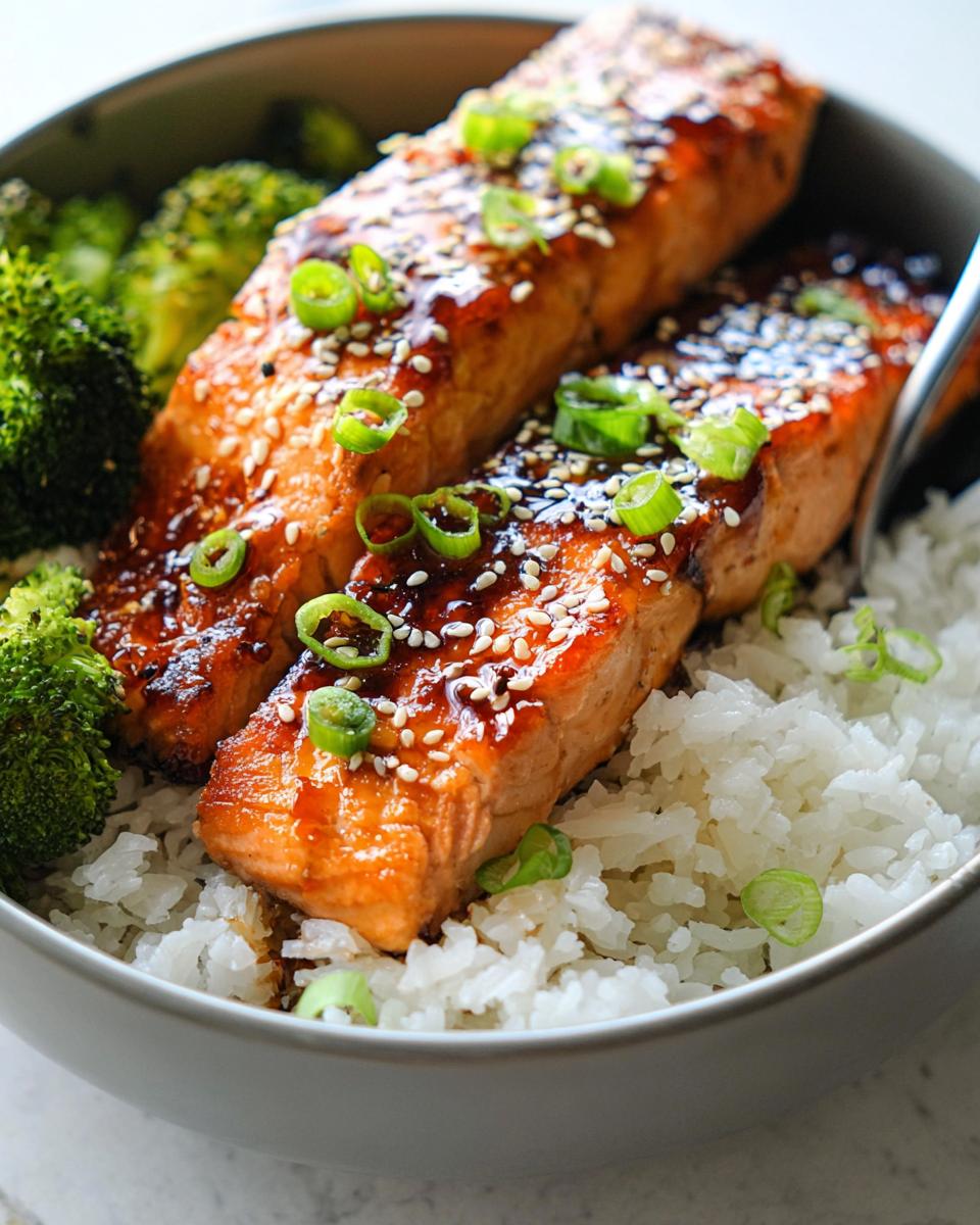 Bowl of honey-garlic salmon on rice with broccoli and green onions.