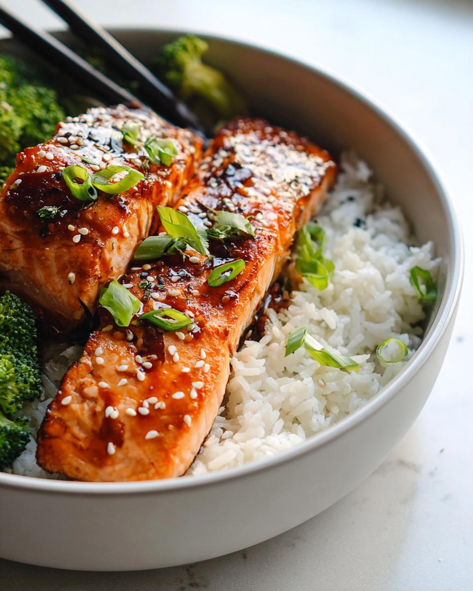 Bowl of honey-garlic salmon served with rice and broccoli.