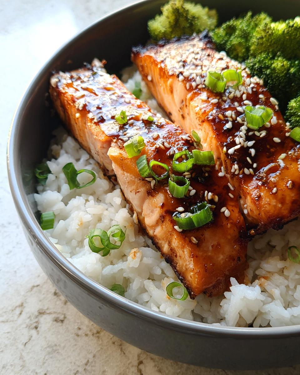 Delicious honey-garlic salmon served over rice with broccoli.