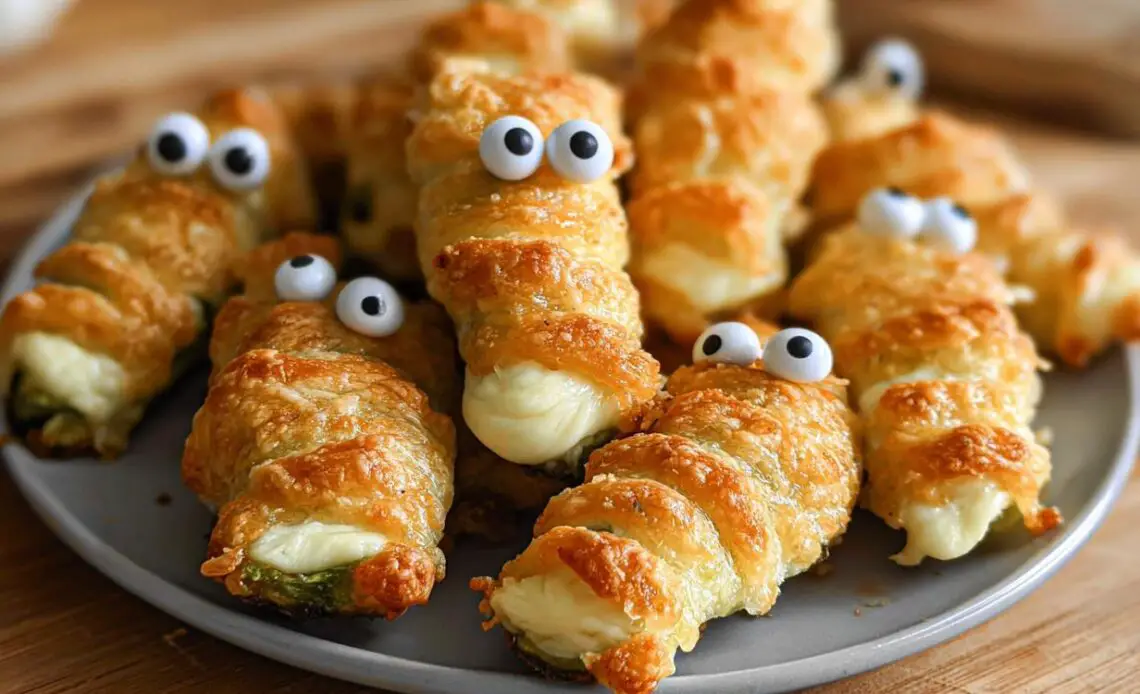 Plate of cheesy and crispy Jalapeño Mummy Poppers with googly eyes.