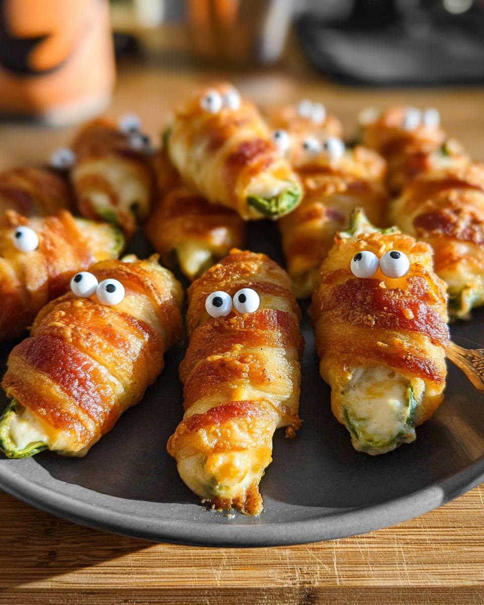 Plate of cheesy jalapeño mummy poppers wrapped in bacon with googly eyes.