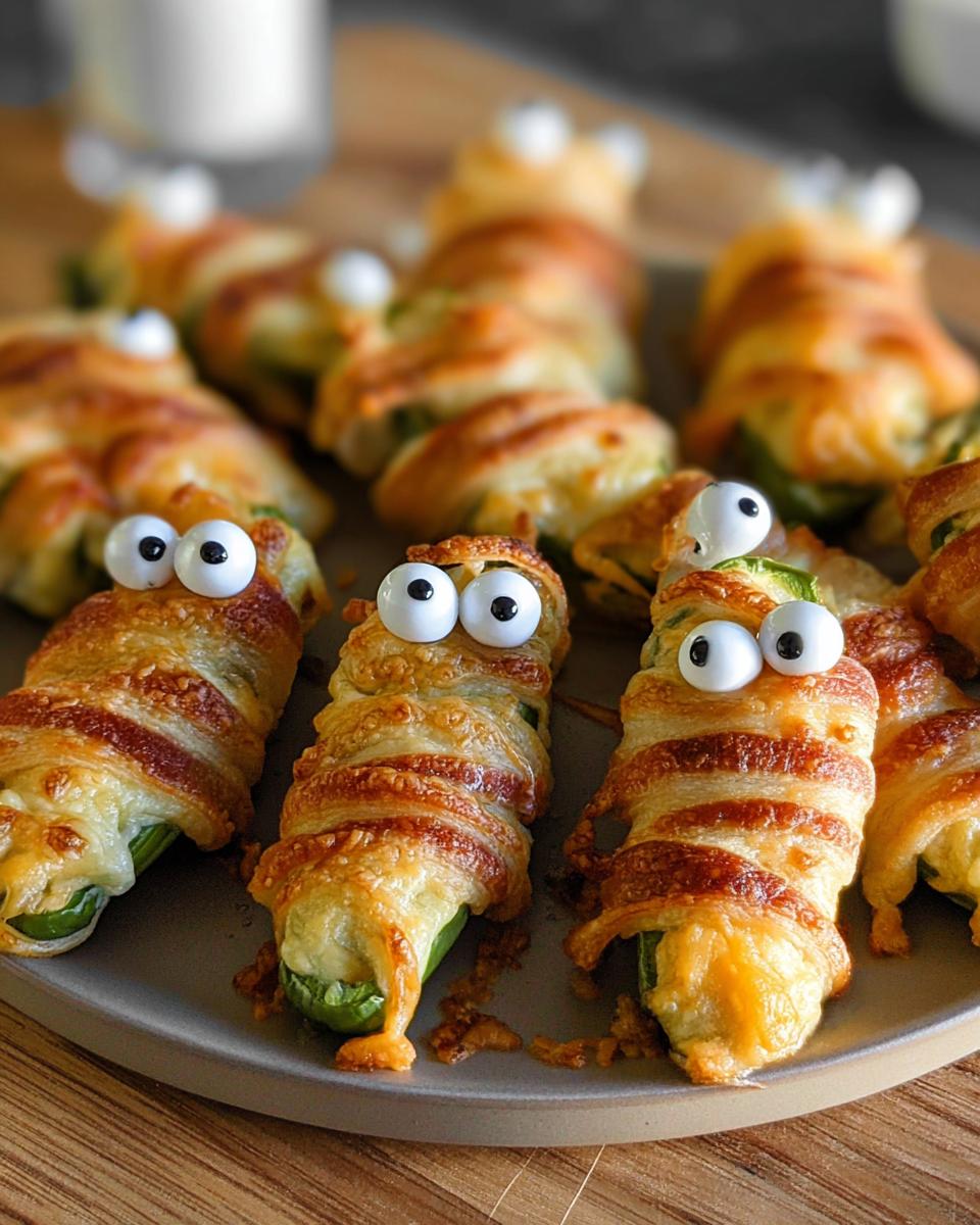 Plate of cheesy jalapeño mummy poppers with googly eyes and crispy dough.