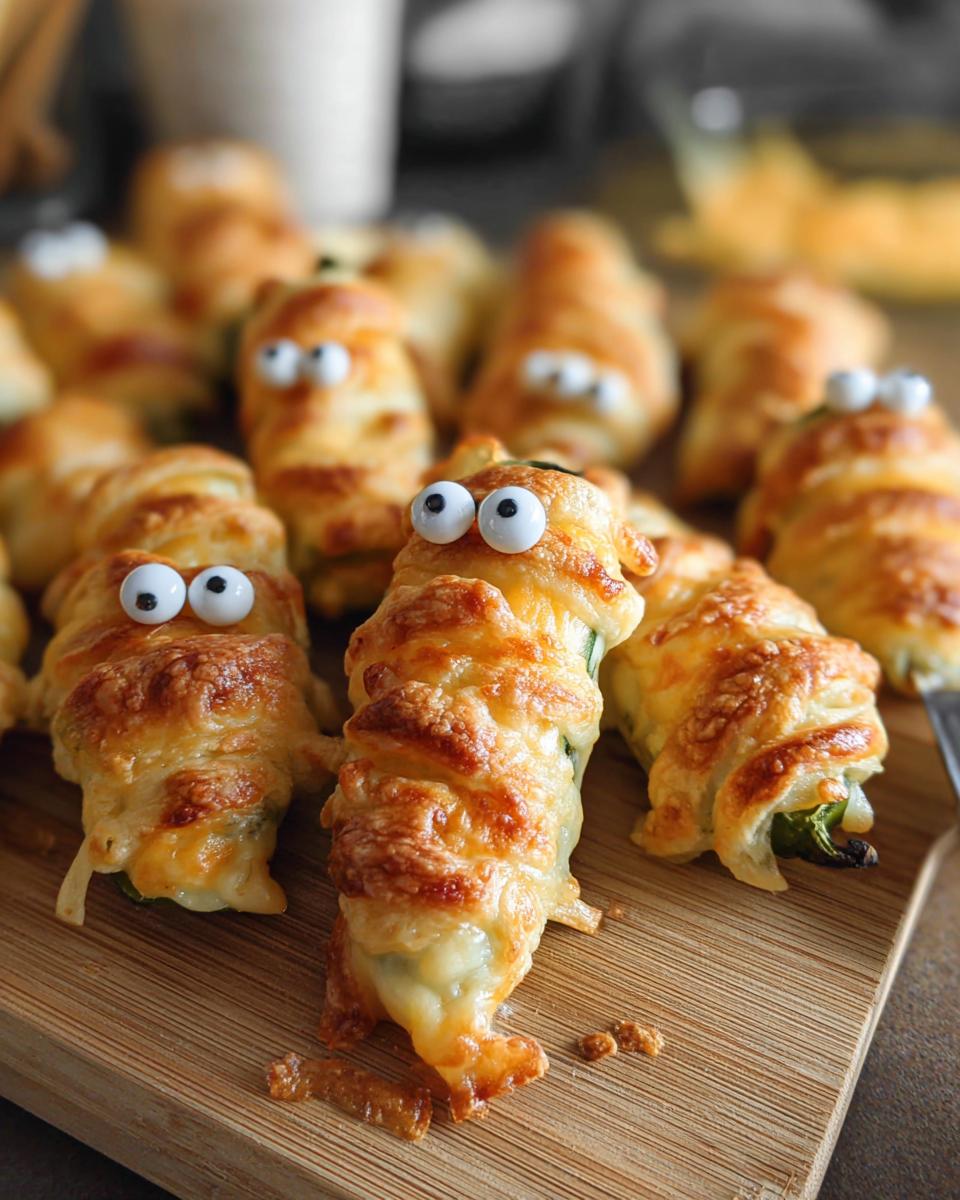 Close-up of cheesy jalapeño mummy poppers with eyes, baked until crispy.