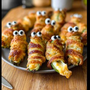 Plate of cheesy jalapeño mummy poppers wrapped in crispy bacon.
