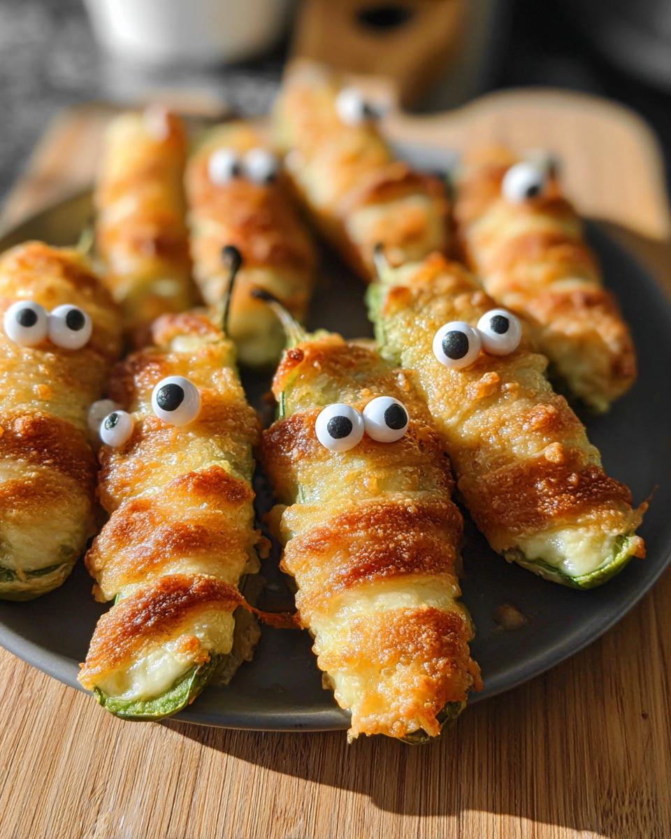 Plate of cheesy jalapeño mummy poppers with googly eyes.