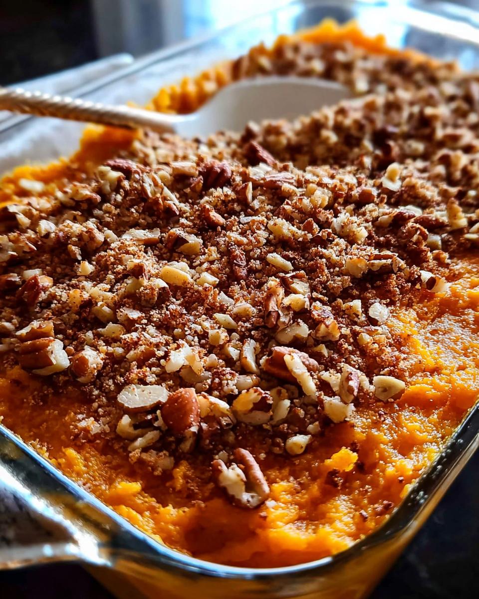 Close-up of lightened up sweet potato casserole topped with pecans.