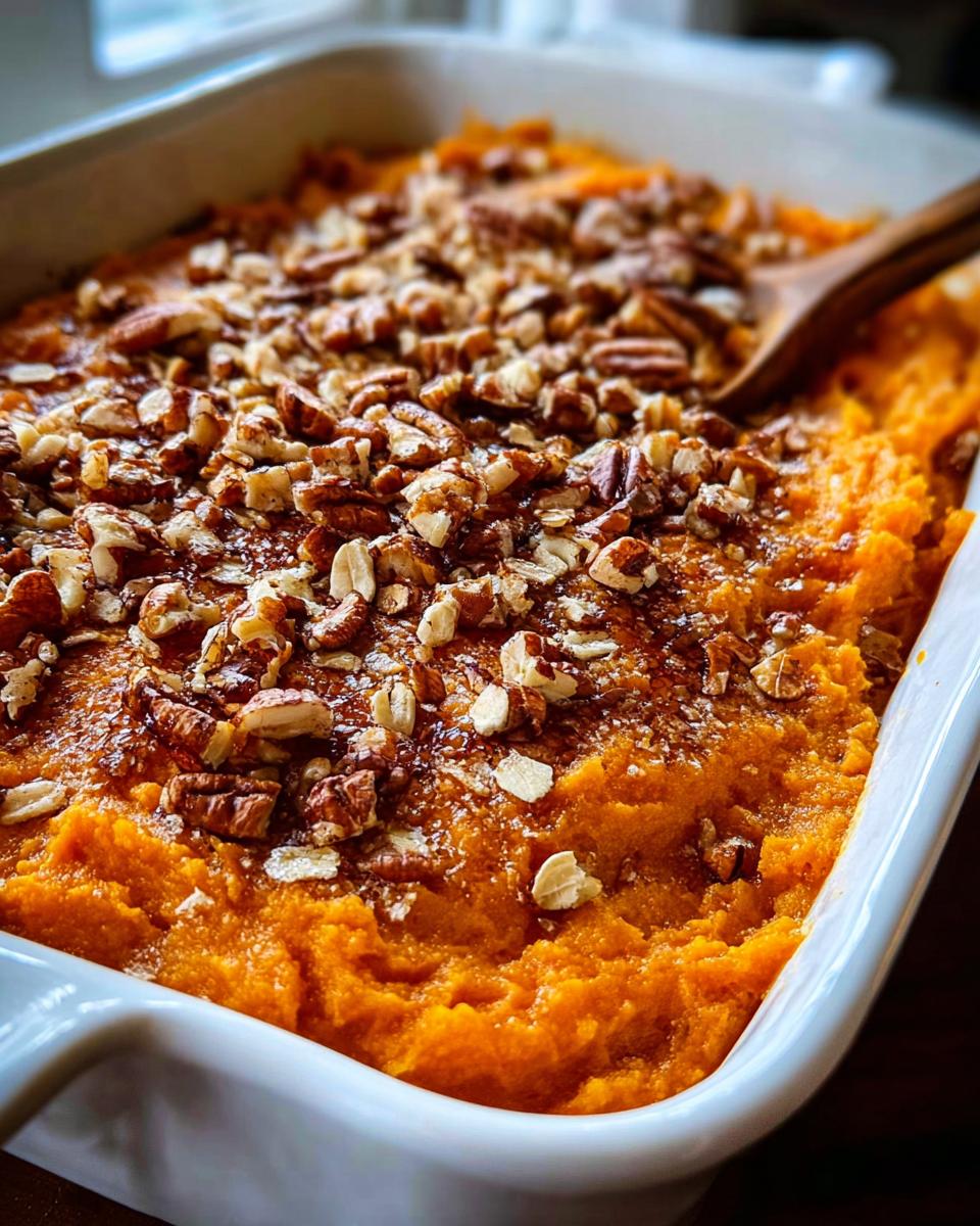 Close-up of lightened up sweet potato casserole topped with nuts and oats.