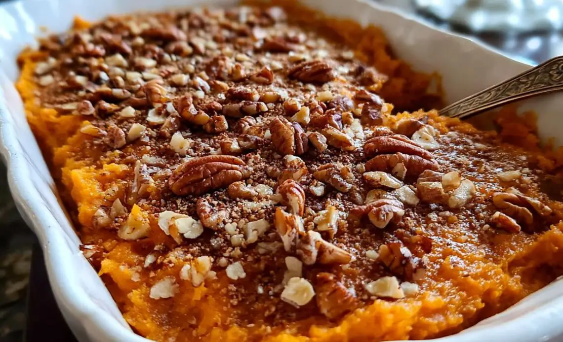 Close-up of lightened up sweet potato casserole topped with pecans.