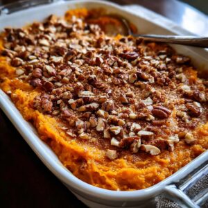 Baked sweet potato casserole topped with chopped pecans in a dish.