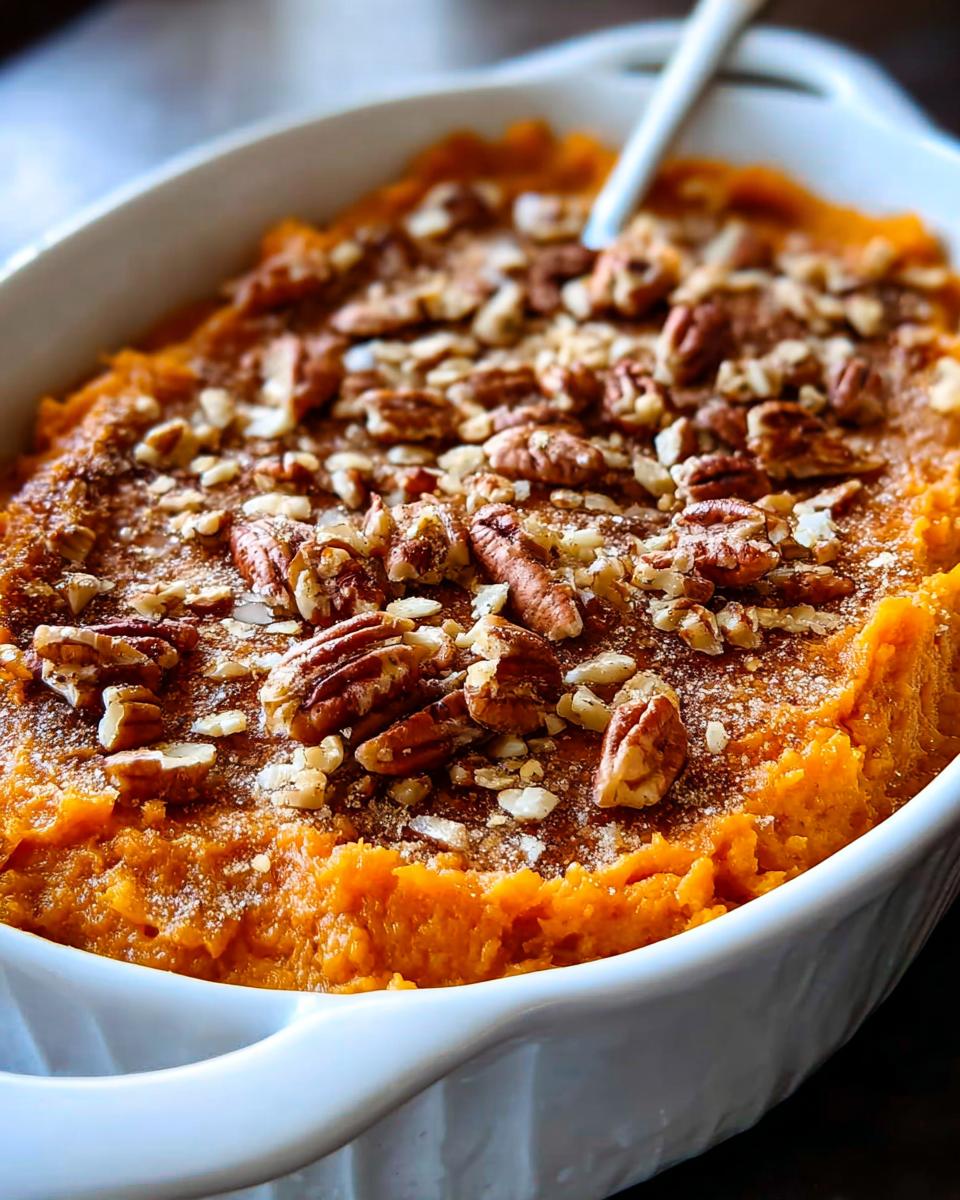 Baked sweet potato casserole topped with pecans and a golden crust.