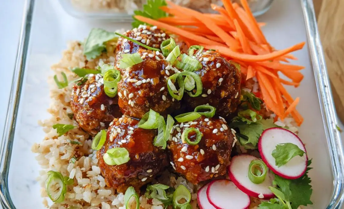 Maple-Sriracha cocktail meatballs served over rice with garnishes.