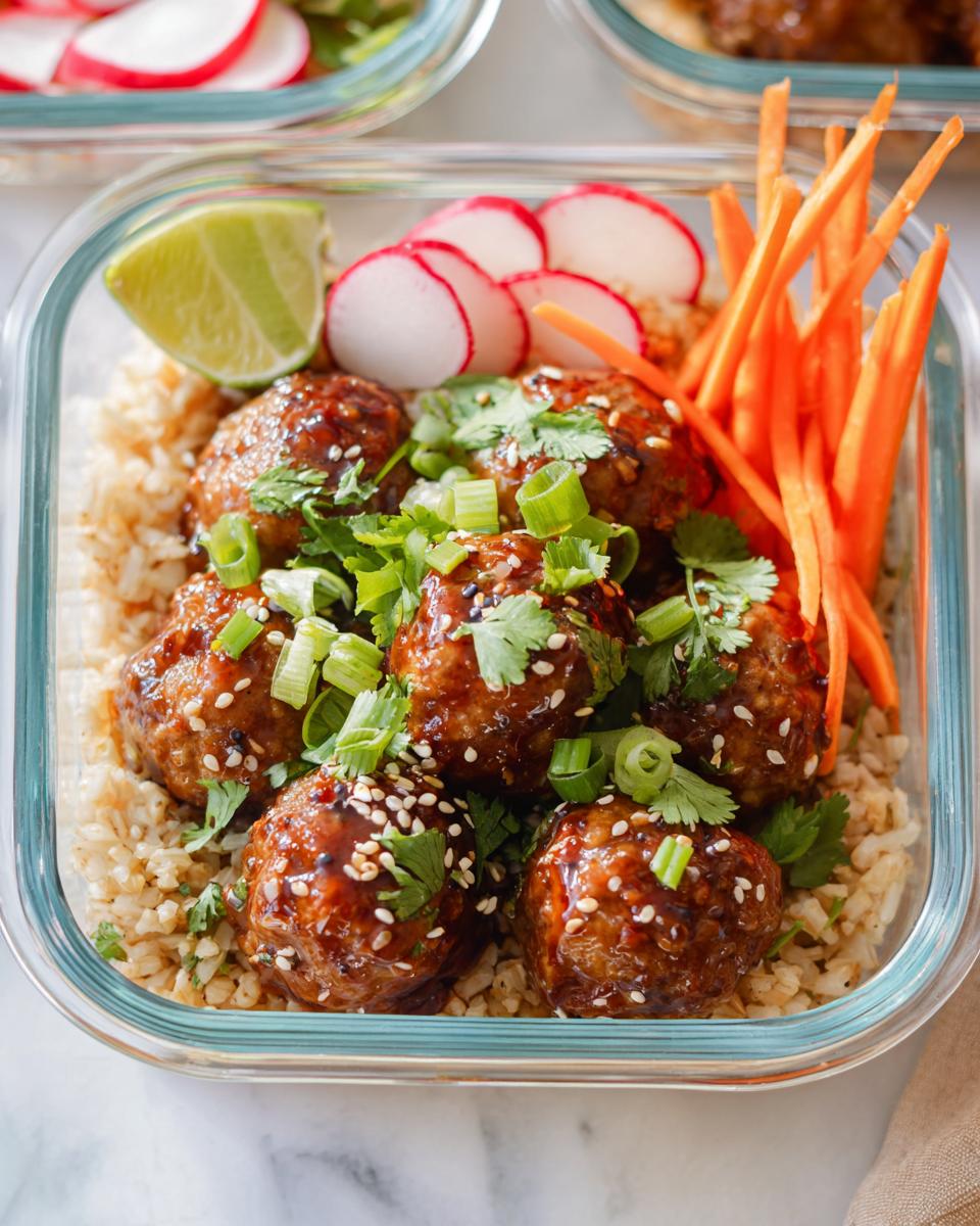Maple-Sriracha cocktail meatballs served with rice, carrots, and radishes.