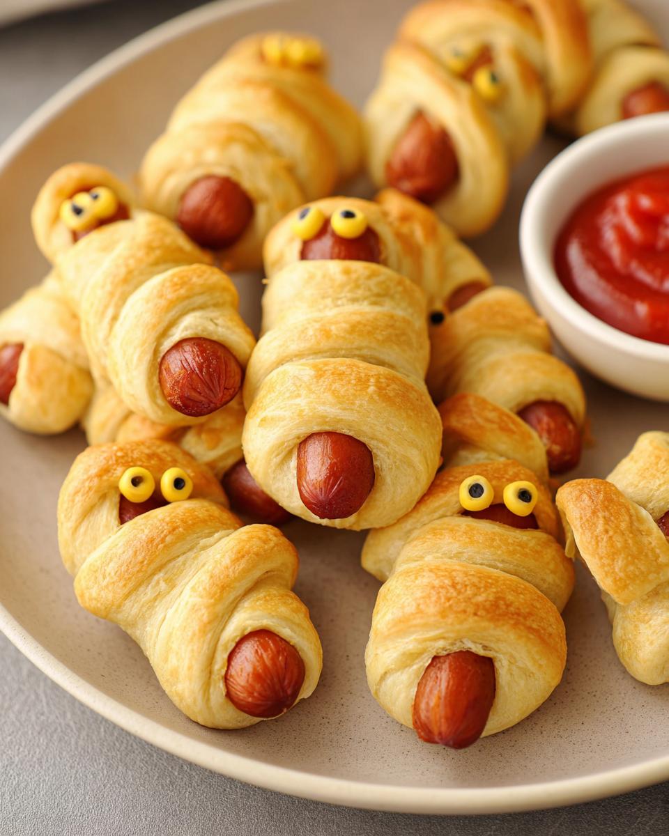 Platter of Mini Cocktail Mummy Dogs wrapped in dough with mustard eyes.