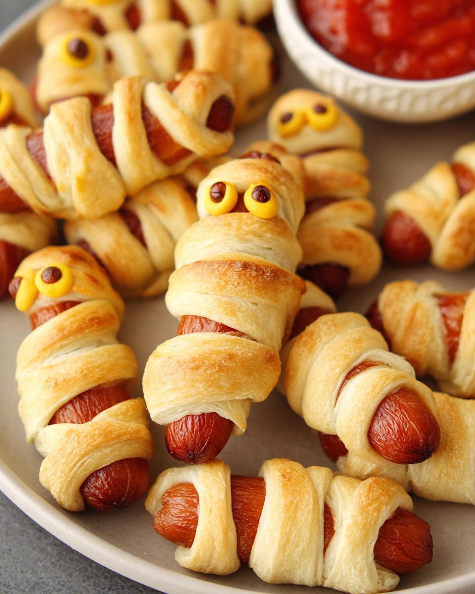 Platter of Mini Cocktail Mummy Dogs wrapped in dough with eyes.