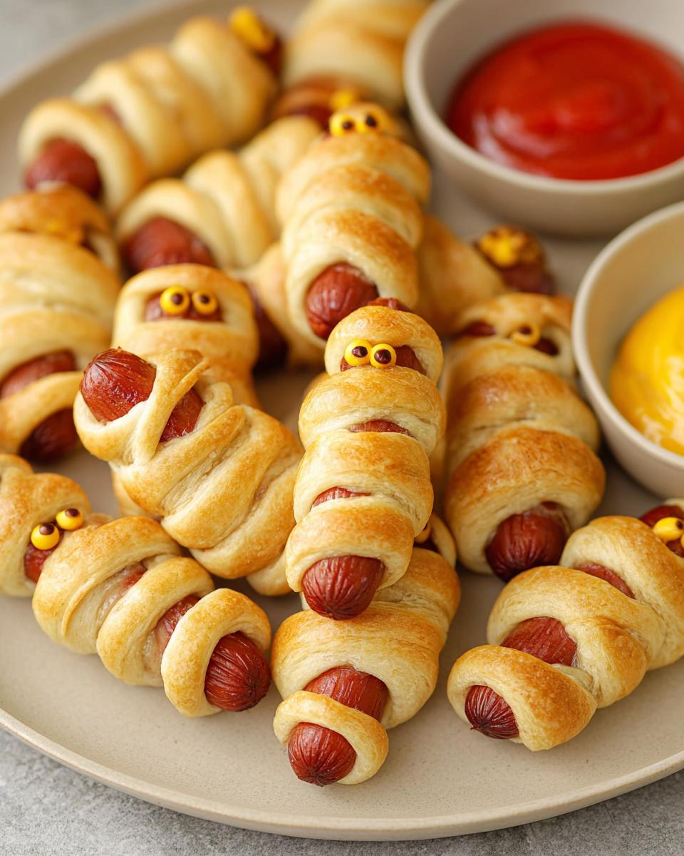 Plate of Mini Cocktail Mummy Dogs wrapped in dough, served with dips.