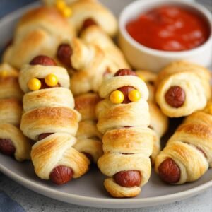 Plate of Mini Cocktail Mummy Dogs wrapped in pastry with eyes.