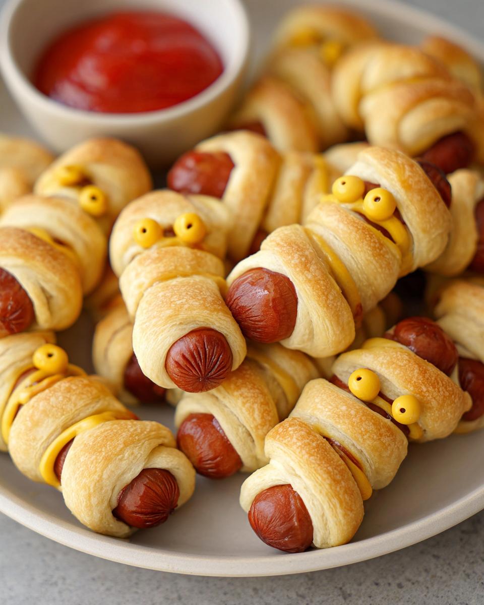 Plate of Mini Cocktail Mummy Dogs wrapped in dough with mustard eyes.