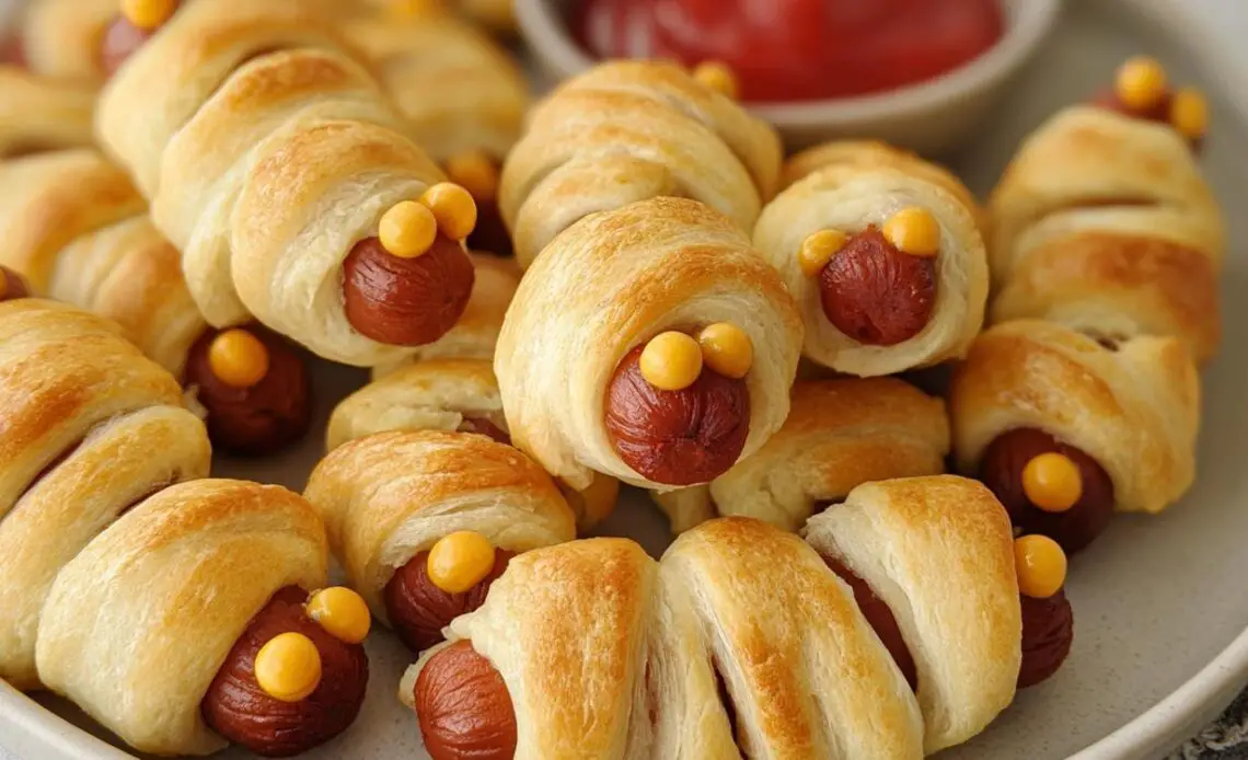 Plate of Mini Cocktail Mummy Dogs with mustard eyes and ketchup dip.