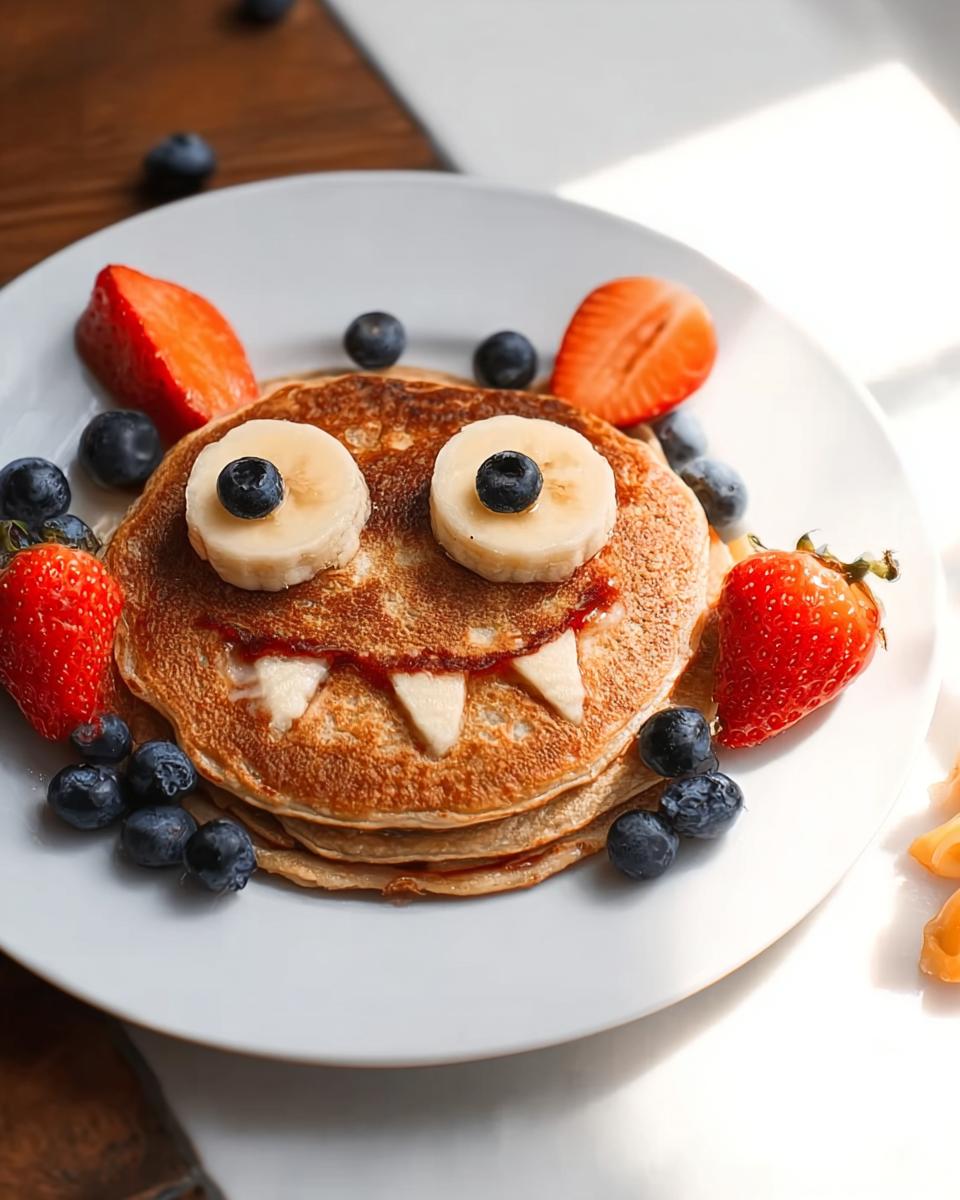 Fun monster pancakes decorated with banana eyes and berry accents.