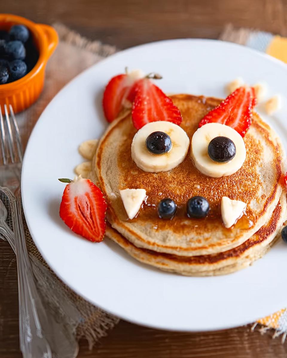 Colorful monster pancakes decorated with banana eyes and fruit.