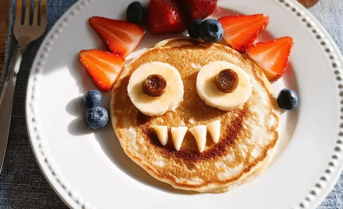 Colorful monster pancakes decorated with banana eyes and berry features.